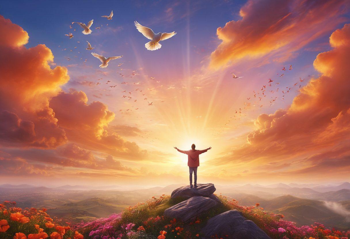 A serene landscape featuring a person standing on a hilltop with arms outstretched, embracing the warmth of a radiant sunrise. Include symbols of hope like doves flying and vibrant flowers around, representing joy and faith. Capture a sense of calmness with a tranquil sky and soft clouds, all evoking feelings of happiness and serenity. super-realistic. vibrant colors. tranquil atmosphere.