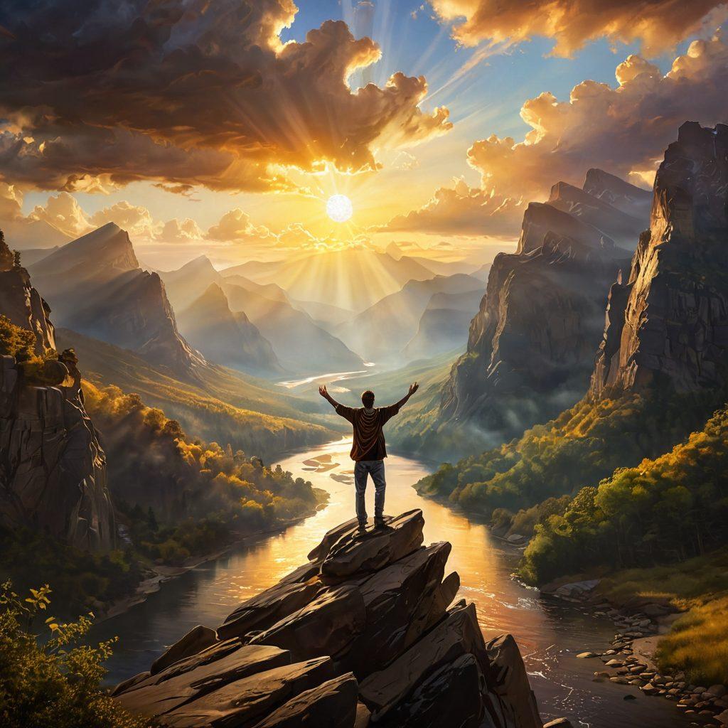 A serene landscape depicting a figure standing on a mountaintop, arms raised in joy, bathed in golden sunlight breaking through dark clouds, symbolizing hope and transformation. Below, a winding river flows, representing the journey from hopelessness to elation. Soft, ethereal colors to enhance the sense of peace and serenity. super-realistic. vibrant colors. dramatic lighting.