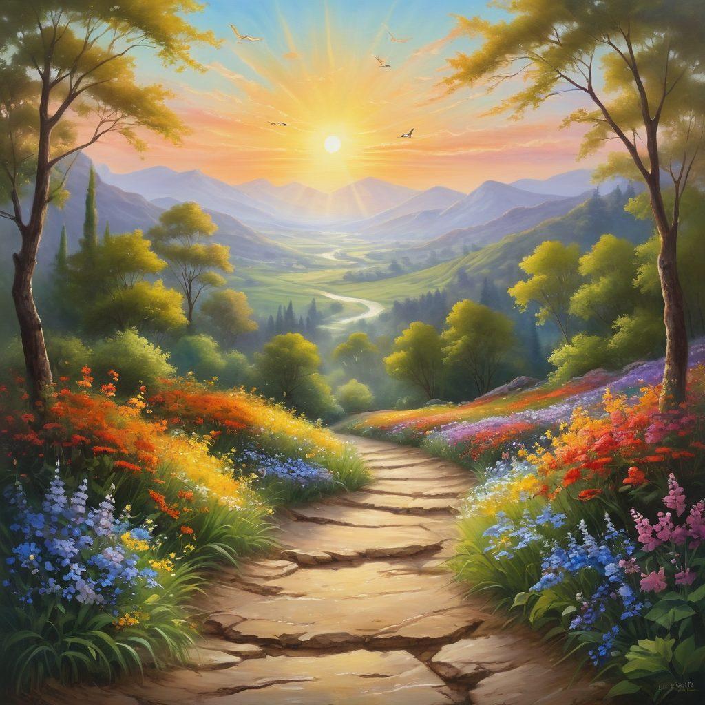 A serene landscape with a sun rising over a peaceful valley, symbolizing spiritual growth. Include a winding path lined with blooming flowers leading to a meditative figure practicing mindfulness. Soft, warm lighting illuminates the scene, evoking a sense of joy and contentment. Add gentle wildlife, such as butterflies and birds, to enhance the uplifting atmosphere. vibrant colors. painting.